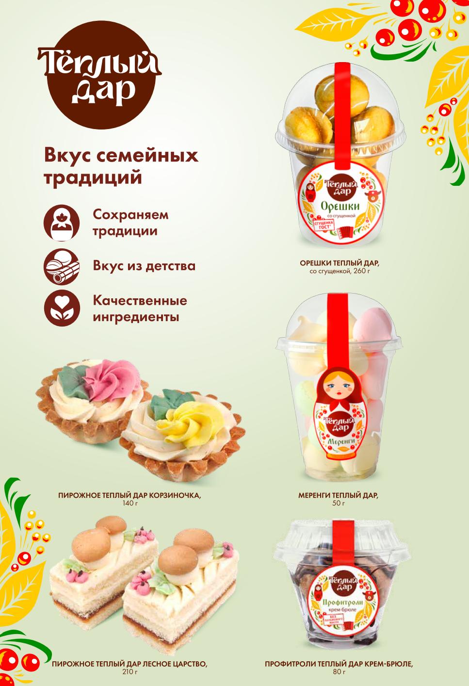 Пирожные Тёглый дар: Корзиночка, Меренги, Профитроли крем-брюле. Сохранение семейных традиций, качественные ингредиенты.